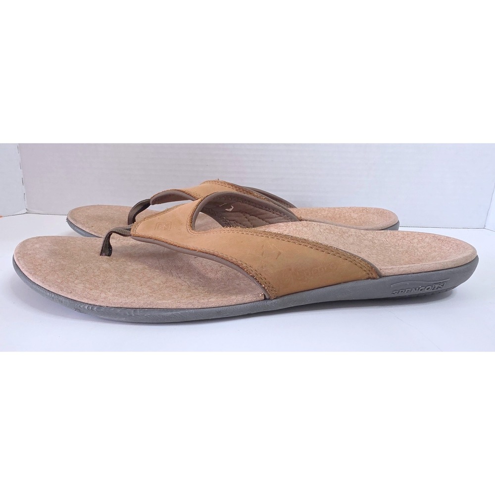 Spenco Yumi Leather Flip Flop Sandals W/Cork Footbed Tan Brown Thong Men SZ 12